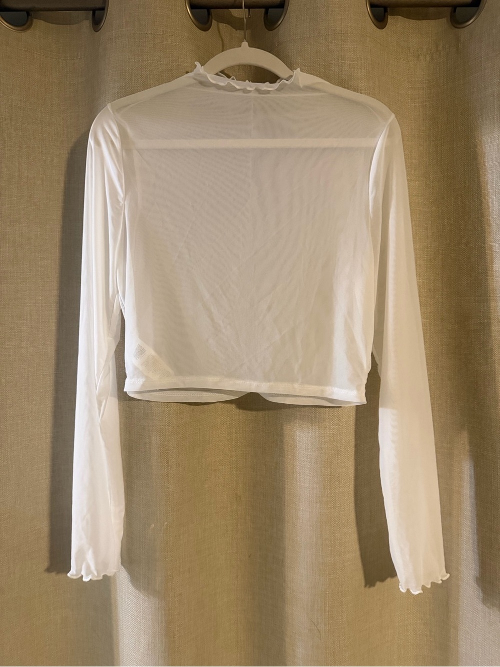 White Long-Sleeve Sheer Mesh Crop Top - Women